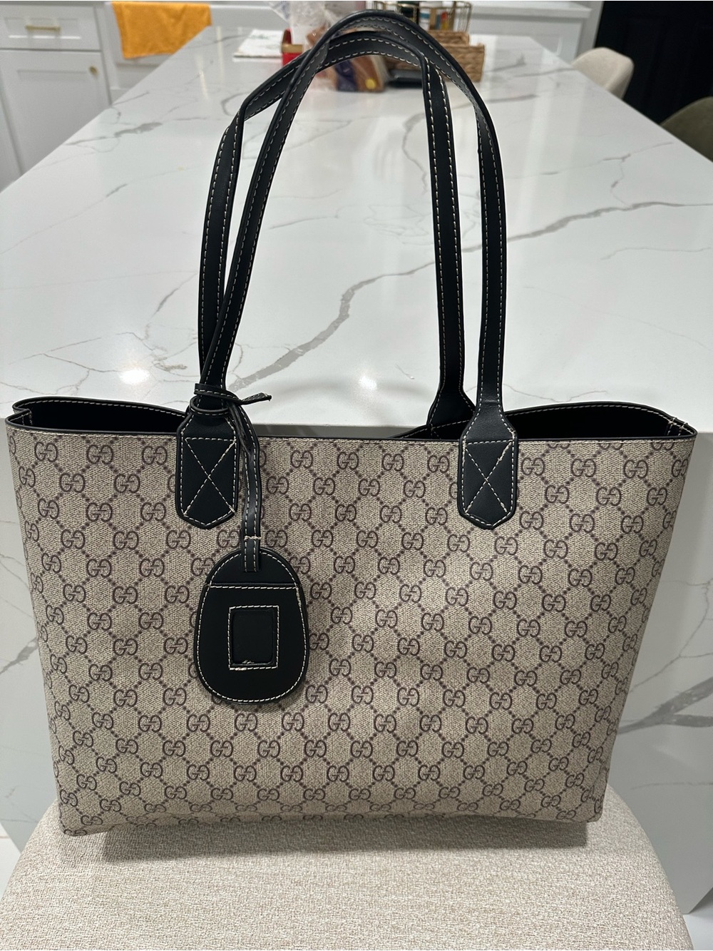 Gucci Beige GG Canvas Tote with Black Leather Trim